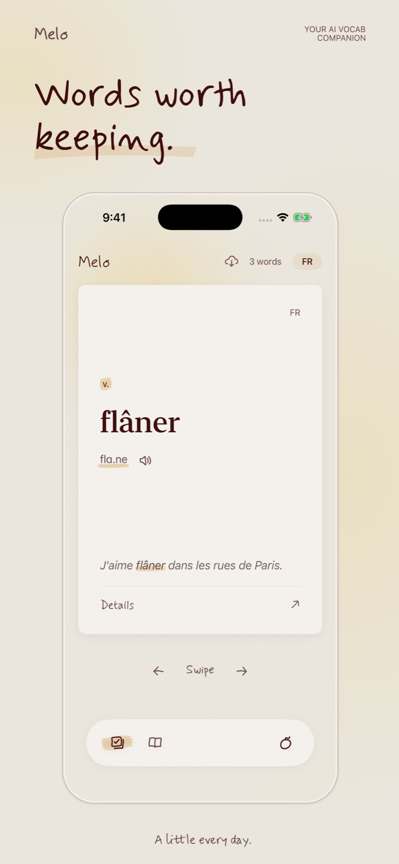 Words worth keeping: the flâner word card with pronunciation and example sentence