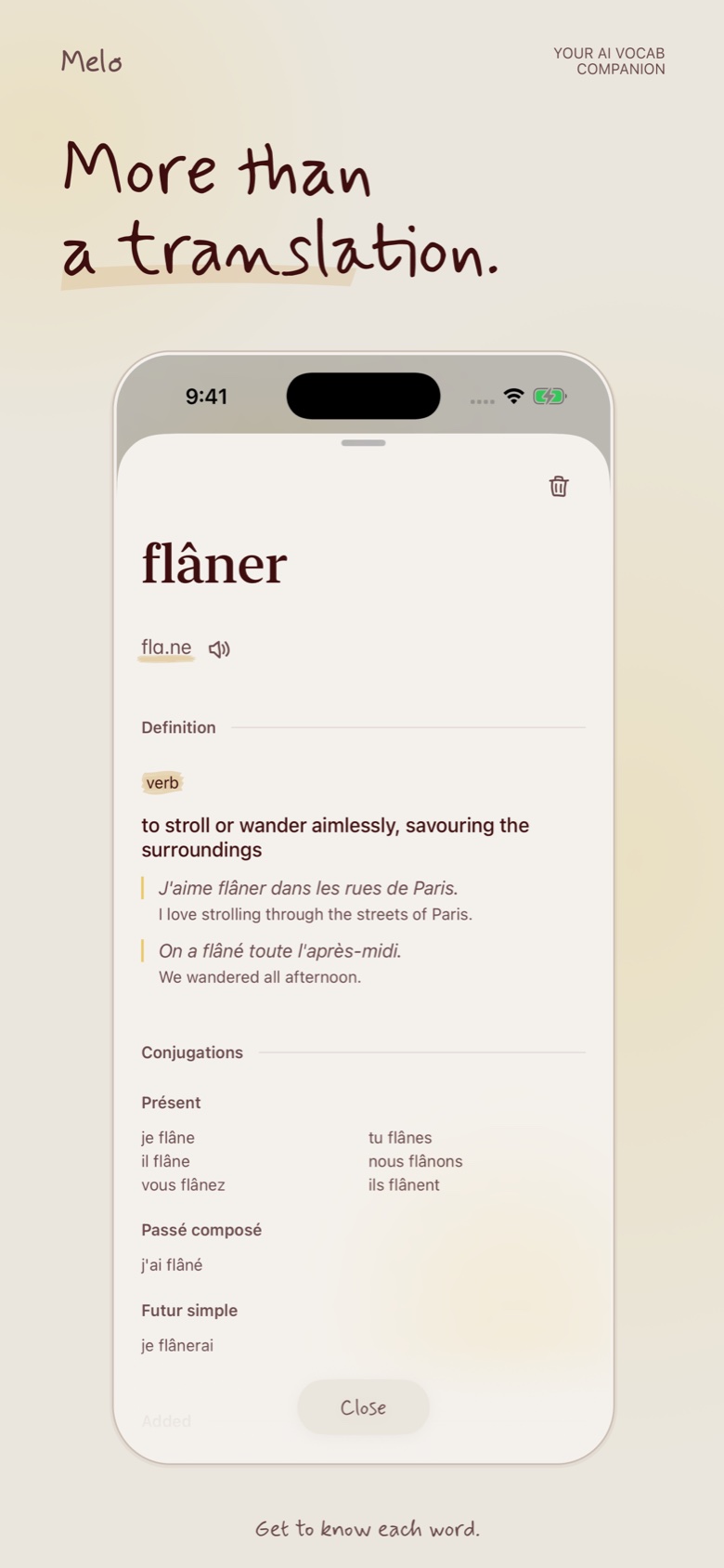 More than a translation: the flâner detail sheet with definition, examples, and conjugations